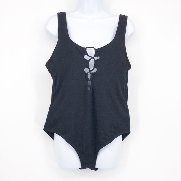 Kona-Sol Pinstriped Deep Cut Black One -Piece Swim, Suit Size L - Picture 1 of 6